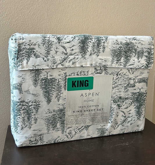 Aspen Home King Sheet set Christmas Evergreen Trees Houses New Cotton