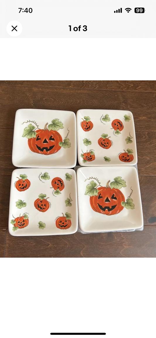 MAXCERA Set 4of 4  Pumpkin Jackolantern Halloween Dessert Appetizer Plates 6”x6”