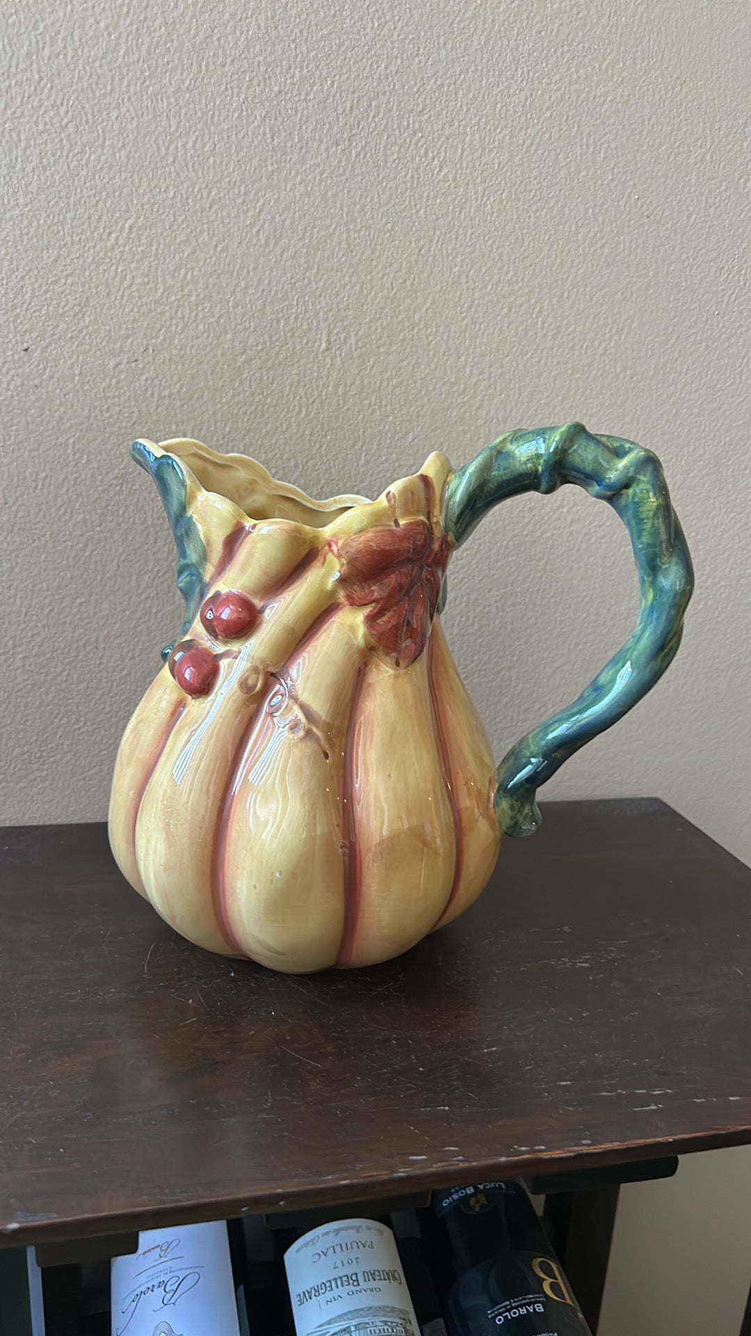 New Ceramic Pitcher Pumpkins Fall Leaves Berries Thanksgiving Ceramic 9” Tall