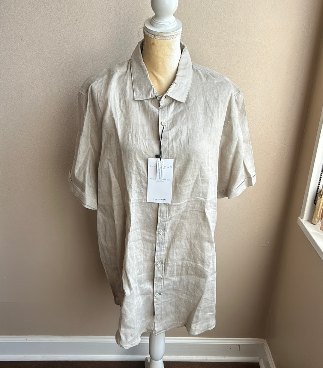 Ike Behar Men’s Sandstone Beige Pure Linen Camp Shirt Sz XL New short Sleeve