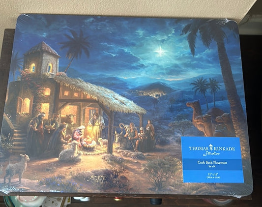 Thomas Kinkade Set Of 4 Cork Placemats New Christmas Nativity Scene