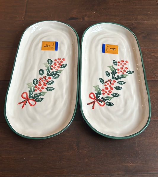 Farval Set Of 2 Serving Platters New Holly Berry Christmas Ceramic