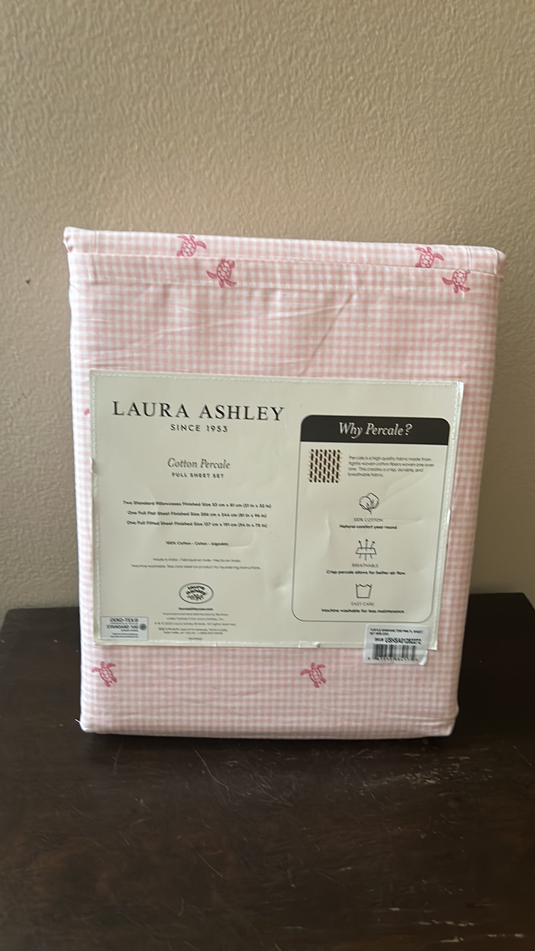 Laura Ashley Full Size Cotton Percale Plaid Sea Turtle Sheet Set New Pink