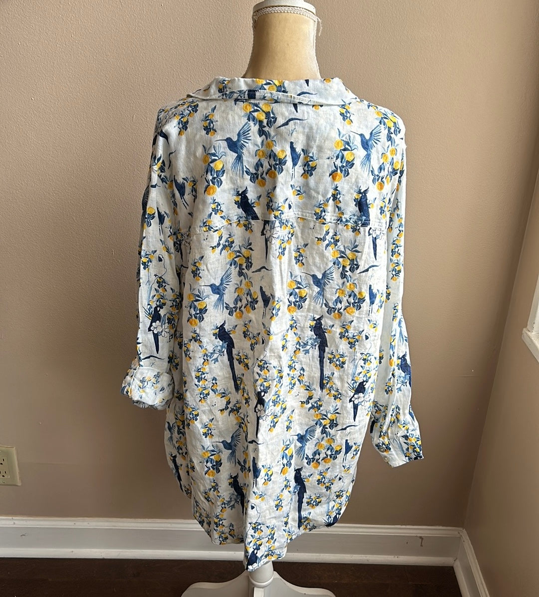 Isaac Mizrahi Womens New Linen Shirt Blouse Floral Birds Plus Sz 3X