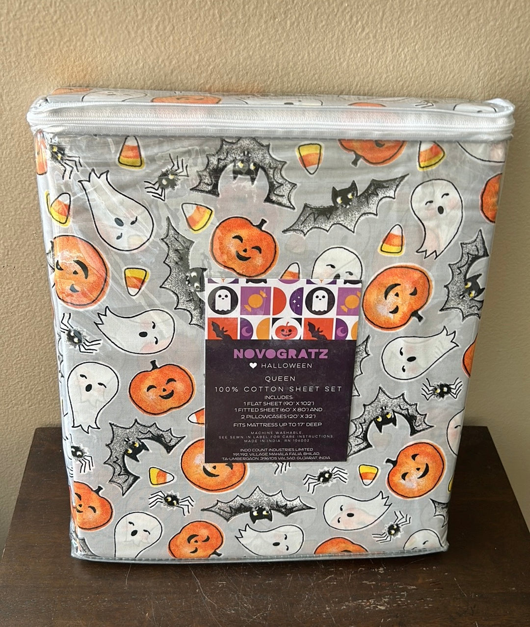 Novogratz Sheet Set Queen Size Cotton Halloween Ghosts Pumpkin Bats Candy Corn