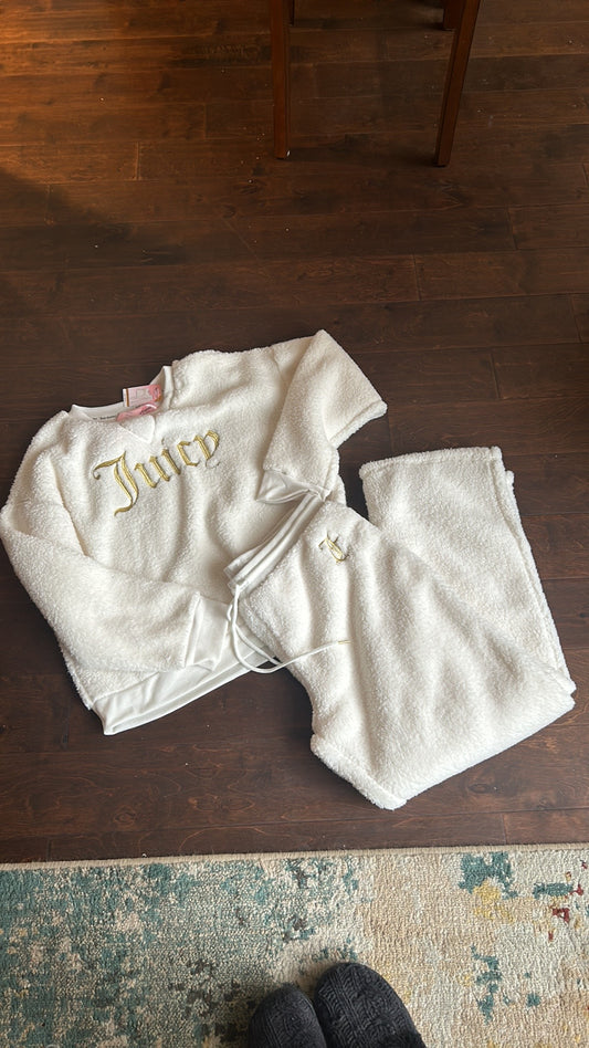 Juicy Couture Pajama Set Womens Sz XL Ivory Gold Logo New Fuzzy