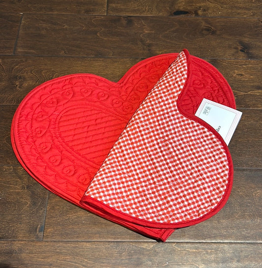 Cupcakes & Cashmere Set Of 4 Quilted Heart Shaped Placemats New Plaid Red