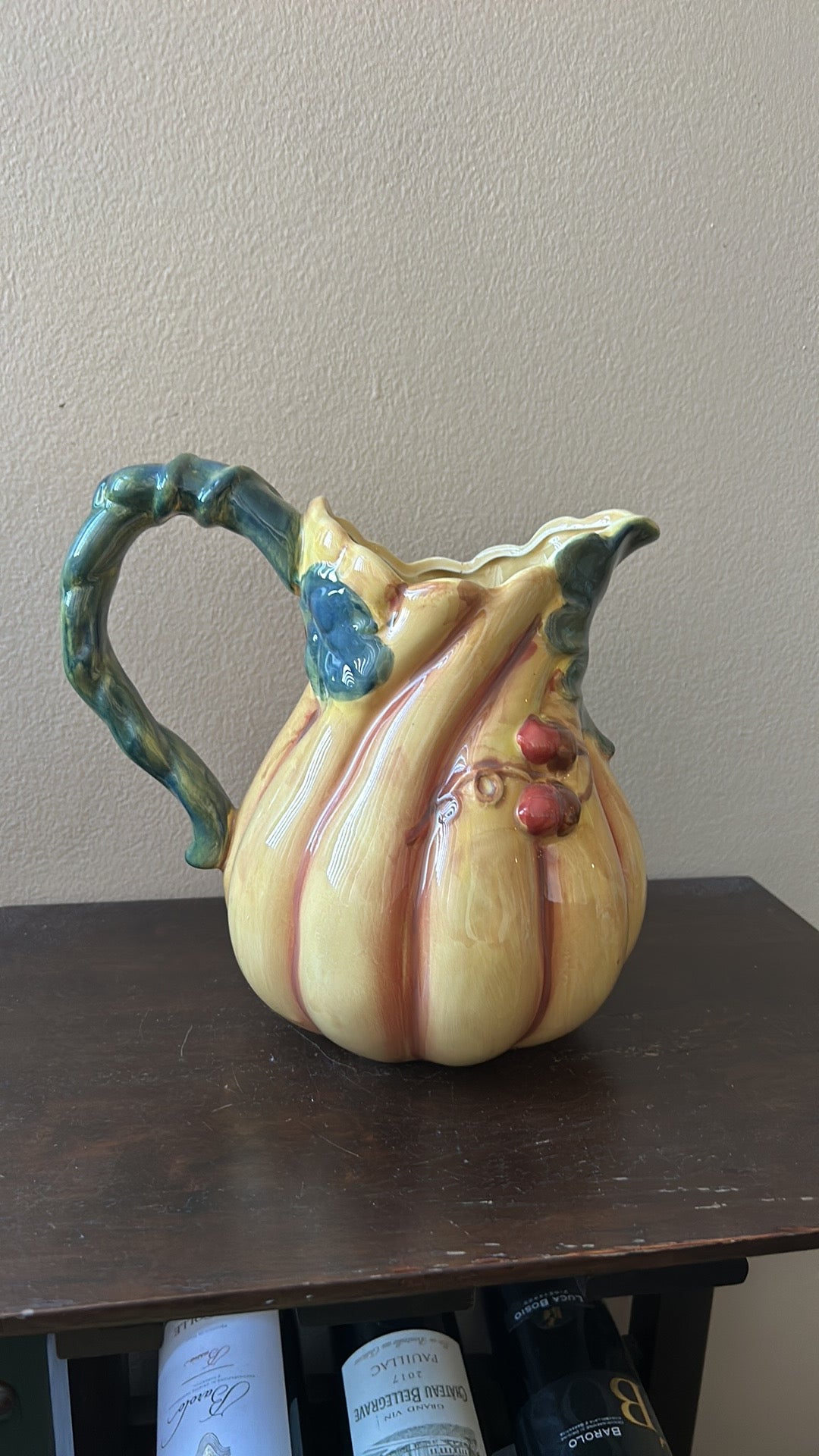 New Ceramic Pitcher Pumpkins Fall Leaves Berries Thanksgiving Ceramic 9” Tall