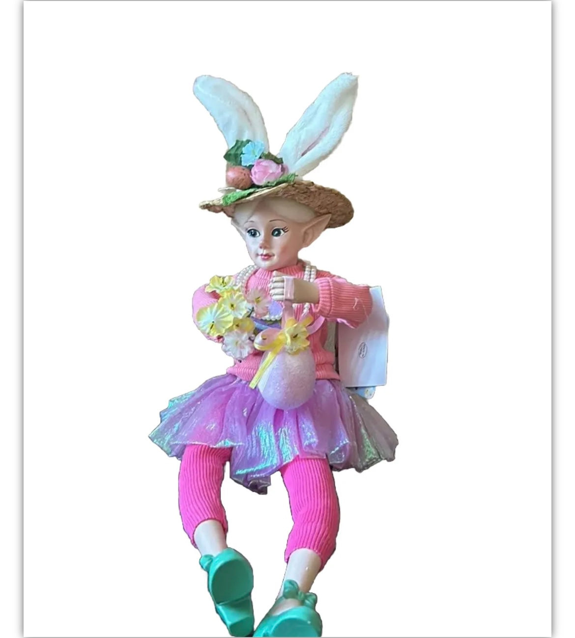 Cynthia Rowley Easter Elf Fairy Doll 16" Shelf Sitter Holding Flowers & Egg