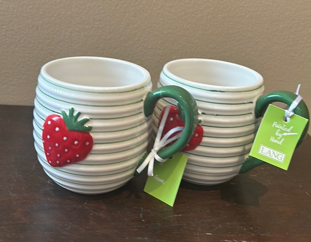 Lang Set Of 2 Mugs Strawberry New Red Green Stripes Hand Painted