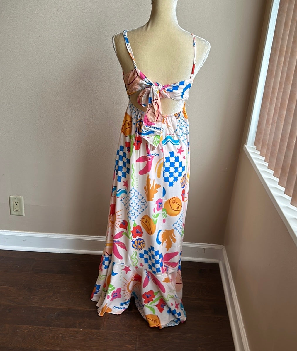 Paper Heart Womens Summer Maxi Dress Sz S Sun Stars Floral Sexy Back  New