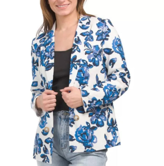 H Halston Womens Blue White Linen Blend Blazer Front Open Floral Sz XL New