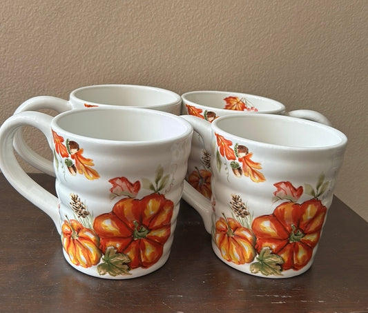 New Coffee Mug Cup New Pumpkins Fall Leaves Thanksgiving Set Of 4