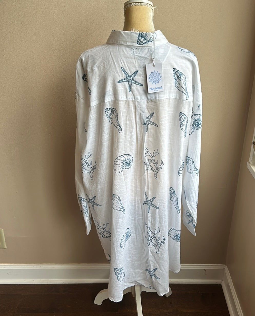 Blue Island Womens Coverup White Blue Tunic Style Plus sz 2X Starfish SeaShell