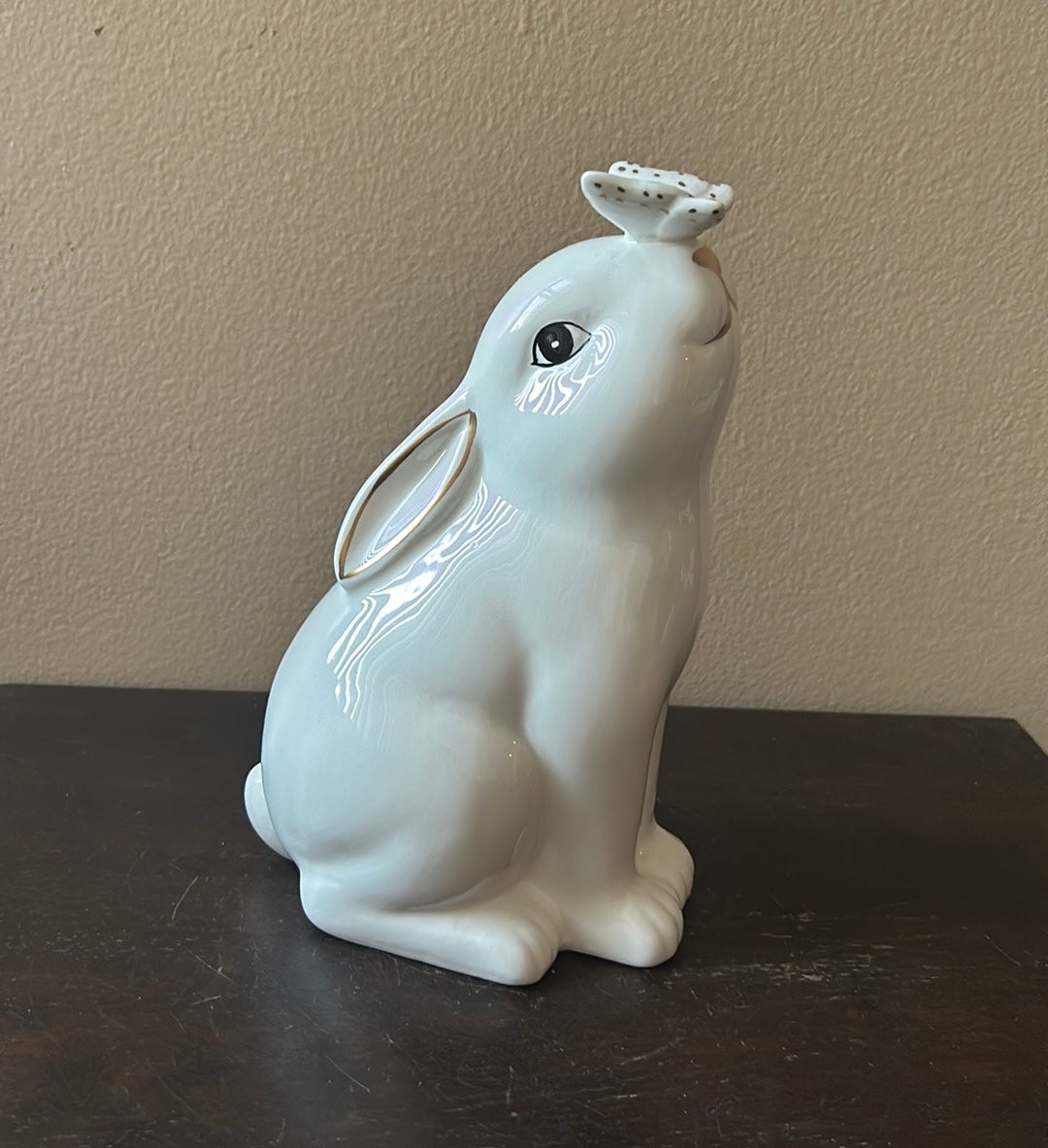 Cute White Easter Bunny Kissing Butterfly Figurine Spring Decor New Ceramic 9”