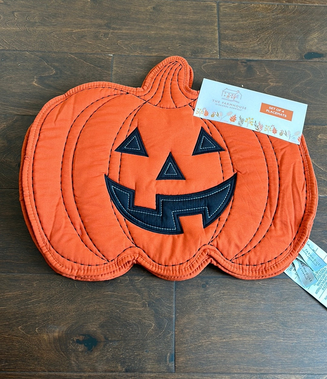 Rachel Ashwell 4 Quilted Jackolantern  Placemats Pumpkin Burnt Orange Rust