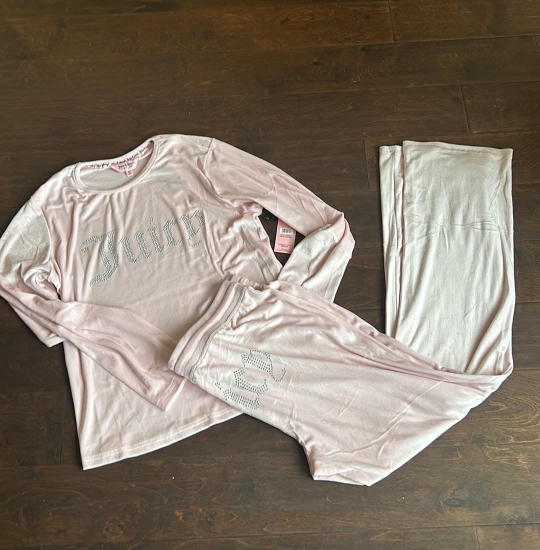 Juicy Couture Pj Set Women’s Sz XL Pink Rhinestones Logo Front & Back New Velvet