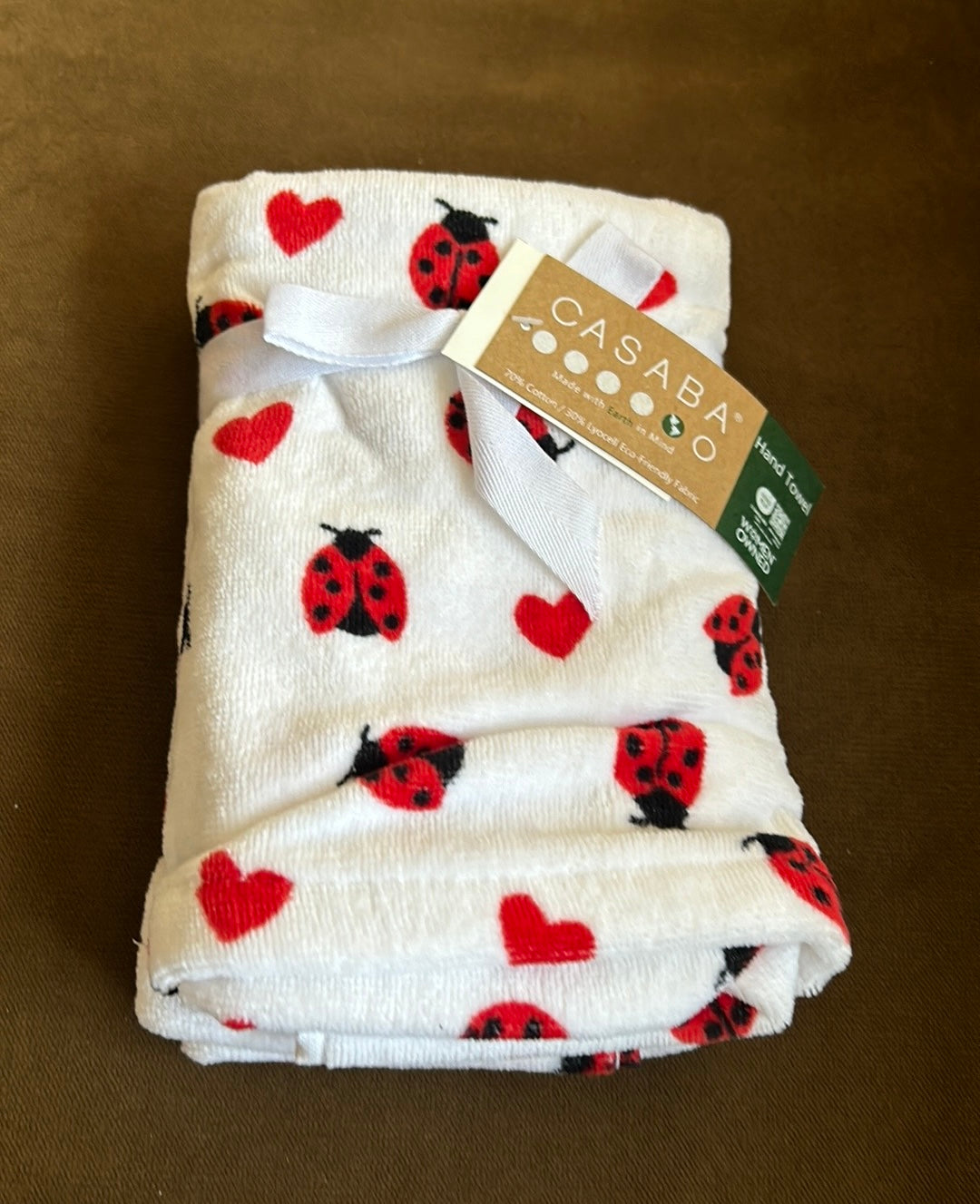 Casaba Set Of 2 Hand Towels Eco Friendly New Ladybug Hearts