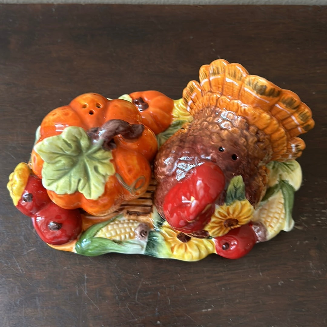 Heritage Harvest Turkey & Pumpkin  Salt pepper shakers on Tray New