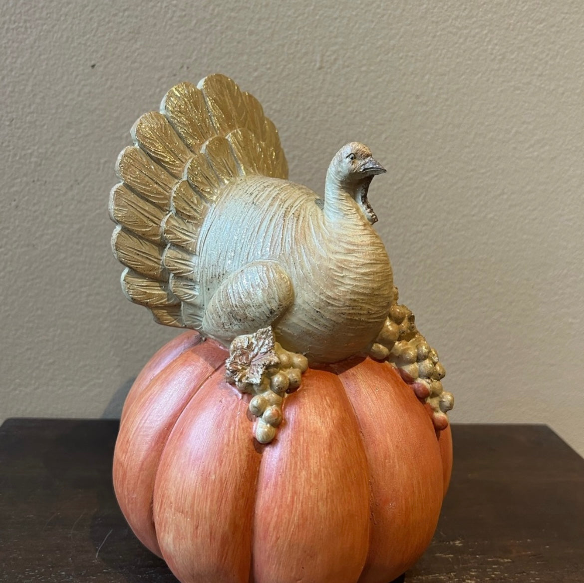 Turkey Sitting On Pumpkin Figurine New Fall Thanksgiving Decor Orange Gold