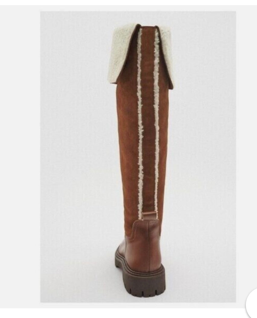 Zara Over The Knee Leather Suede Boots New Sz 7.5 Brown Shearling