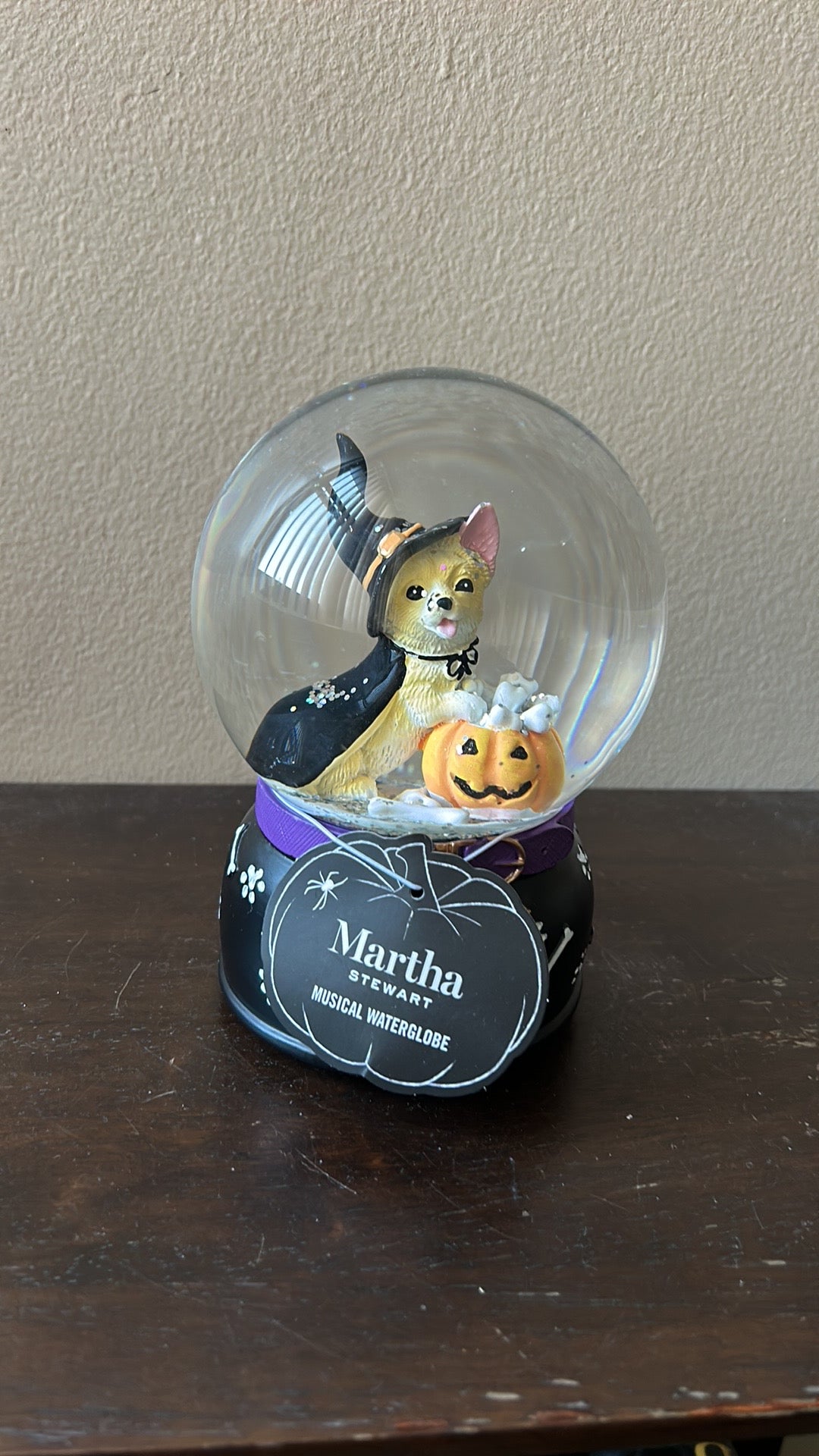 Martha Stewart Musical Globe Happy Halloween Pumpkin Dog In Witch Attire New