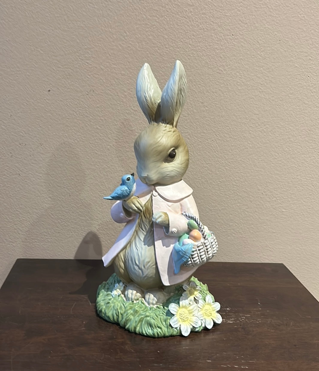 Cute Easter Bunny Rabbit With Egg Basket And Bird On Hand New Figurine 12”