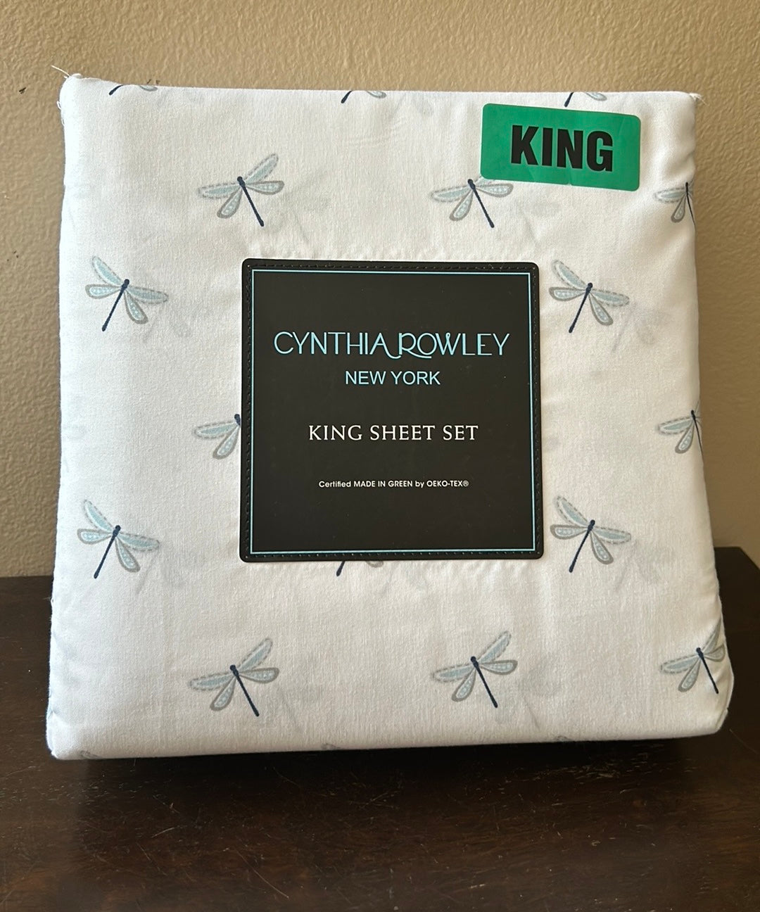 💙 NEW 4pc Cynthia Rowley Pale Blue/White DRAGONFLY King Sheet Set 💙