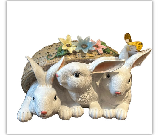 3 Cute Easter Bunnies In A Basket Light Up Figurine New