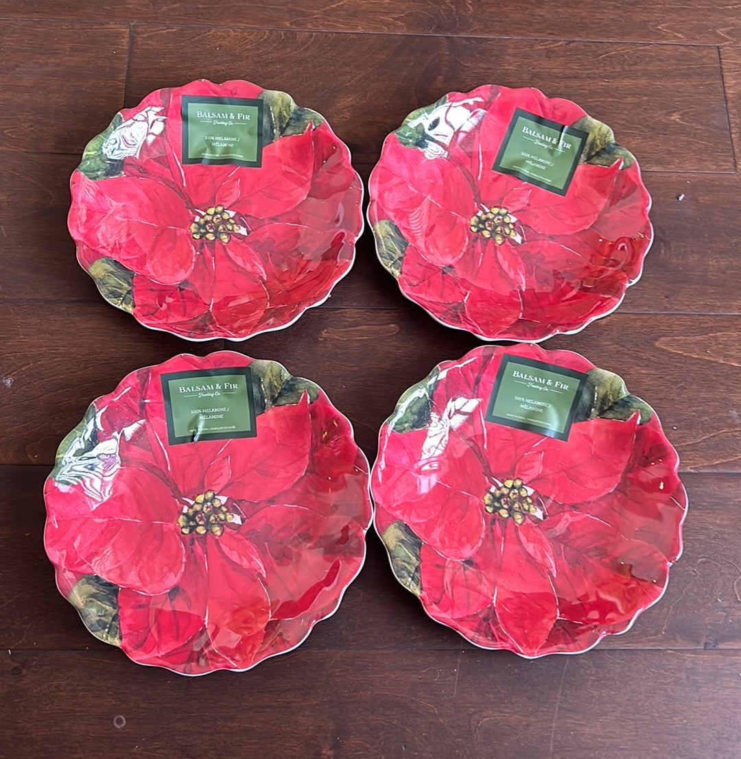 Balsam & Fir Set Of 4 Salad Plates  Christmas Poinsettia Melamine New Scalloped