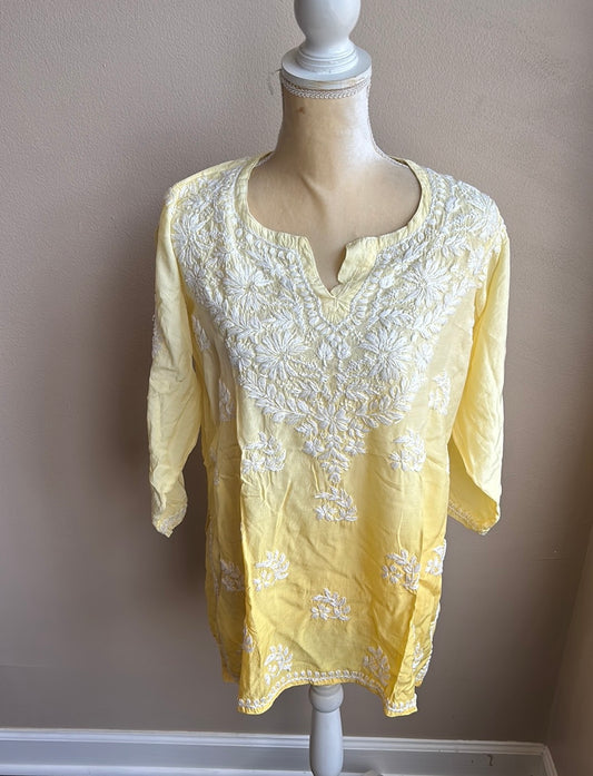 Women’s Yellow Ombre Embroidered Tunic Top Sz L New Silk Blend