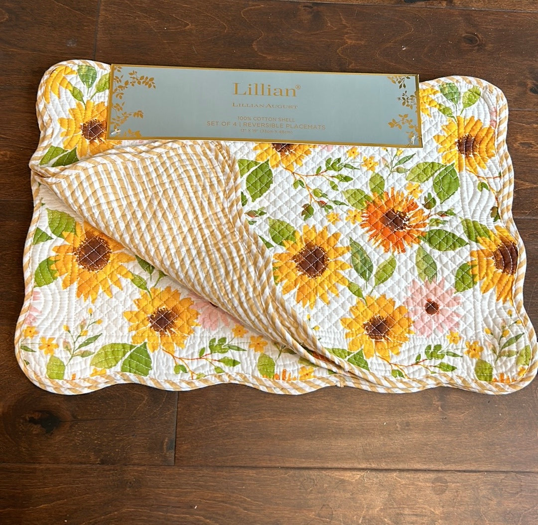 Lillian August Set Of 4 Reversible Sunflowers Fall Autumn Placemats Quilted New