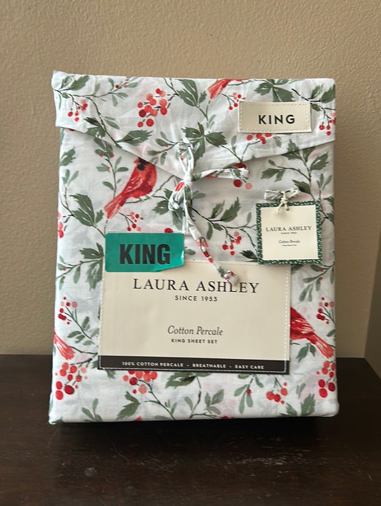 4pc Laura Ashley Christmas Red Cardinal Holly Berry King Sheet Set Cottage