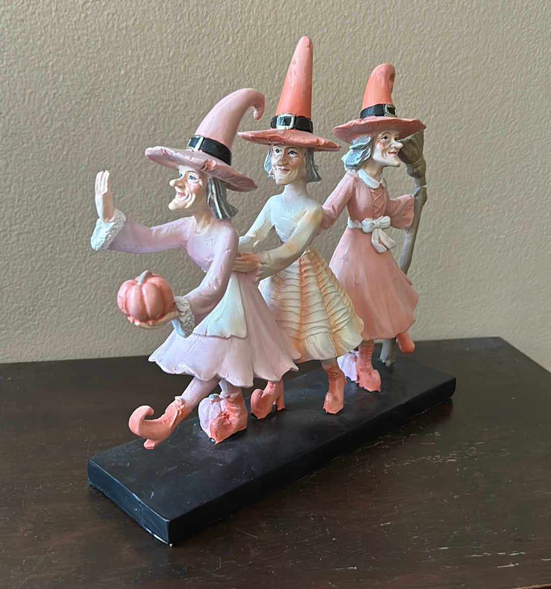 Set of 3 Witches With Witch Hats Broom Halloween Decor Figurine Pink