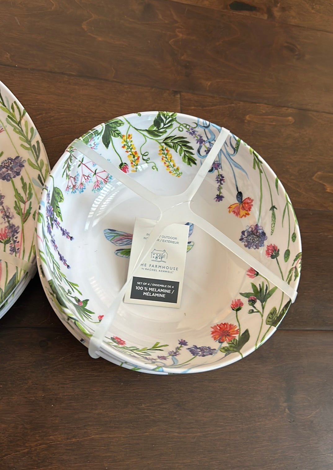 Rachel Ashwell Melamine 4 Dinner Plates 4 Salad Bowls Floral Dragonfly Lavender