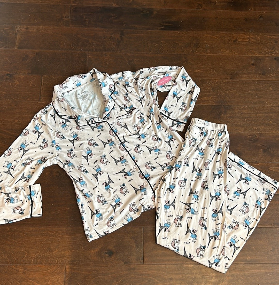 2 Pc Womens Pajama Set Pug Dog New Paris France Eiffel Tower Sz S