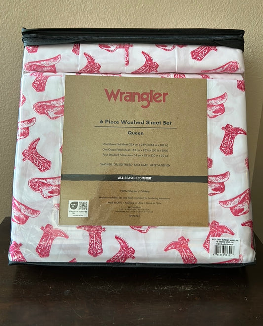 Wrangler 6 Pc Washed Sheet Set Queen Cowboy Hats Boots New Western Themed Pink