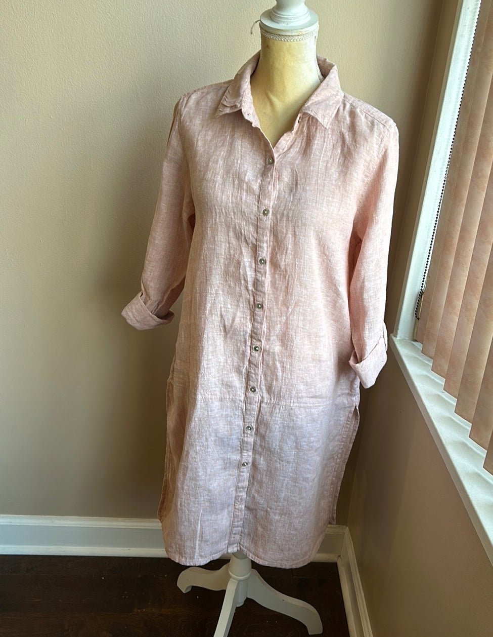 Tahari Womens Sz M Linen Shirt Tunic Top Nwt Beige Roll Tab Sleeve