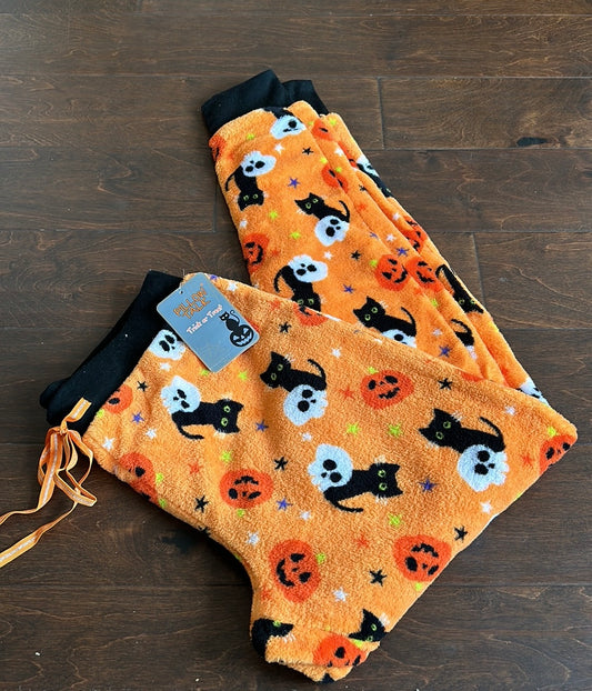 Pillow Talk  womens Halloween Cat Skull Pumpkin Plush Pajama Pants New Orange