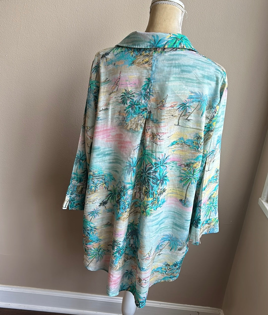 C&C California Womens Plus Size Tropical Shirt Linen Blend Palm Trees New