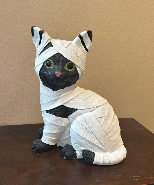 New Halloween Mummy Cat Figurine Decor spooky kitty black white new Sitting