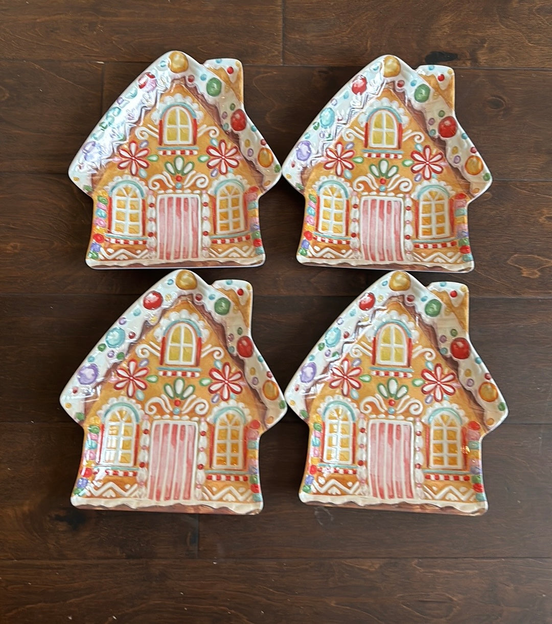 Set Of 4 Gingerbread House Shaped Salad Plates New Melamine Christmas