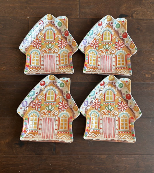 Set Of 4 Gingerbread House Shaped Salad Plates New Melamine Christmas