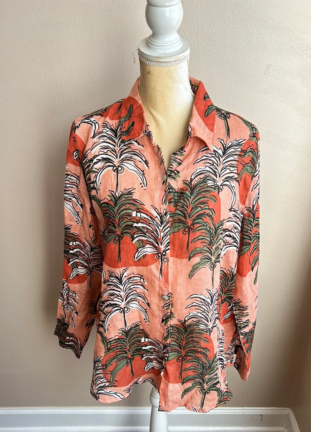 Nicole Miller Women’s Linen Shirt Tropical New Palm Trees Long Sleeve Sz M