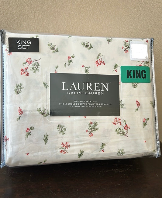 Ralph Lauren Christmas KING Sheet Set Holiday Holly Mistletoe 100% Cotton New