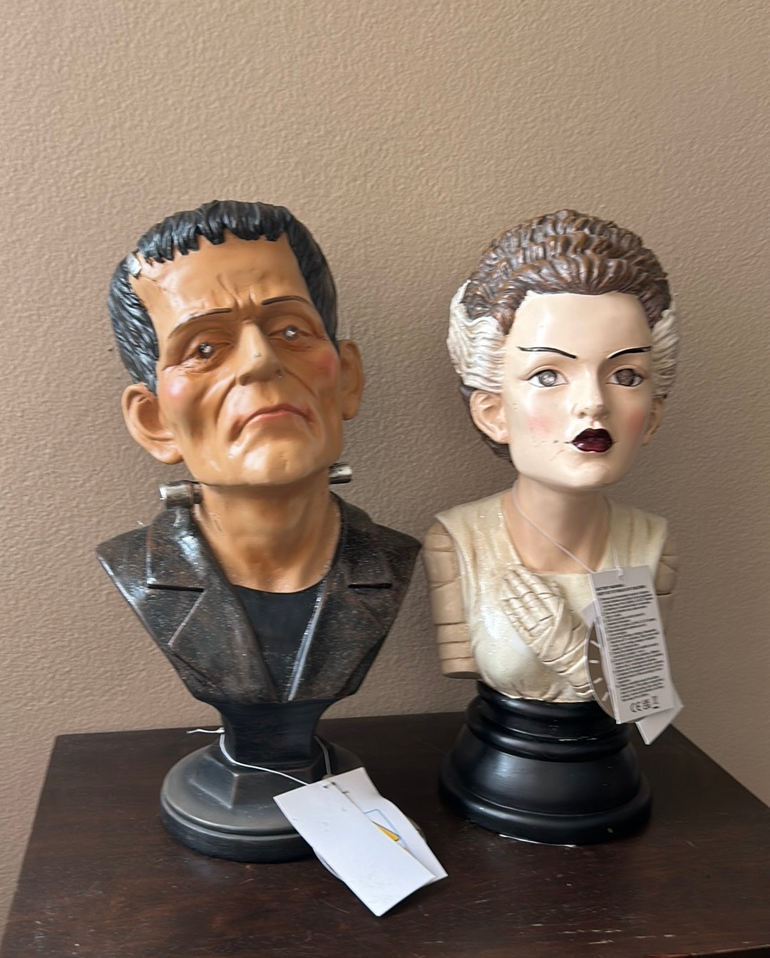 Frankenstein & Bride Bust HALLOWEEN Decor Decoration Pedestal Light Up Set NEW