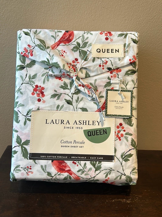 4pc Laura Ashley Christmas Red Cardinal Holly Berry Queen Sheet Set Cottage