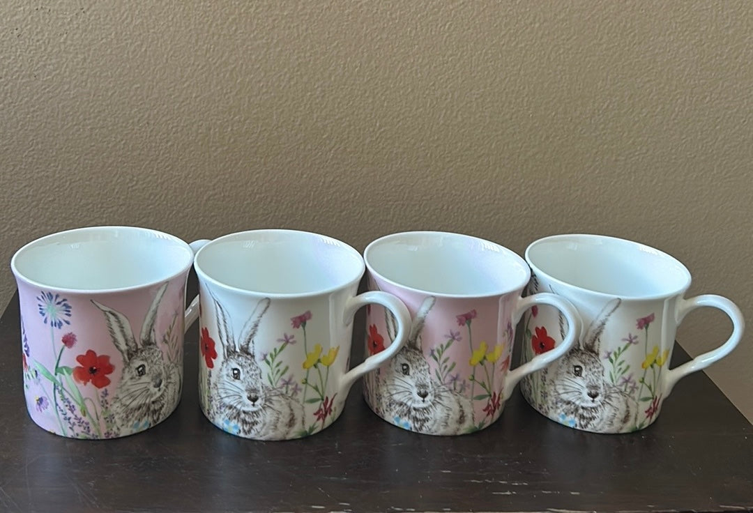 Stechcol Set Of 4 Bone Chine Easter Bunny Floral Cups Mugs New