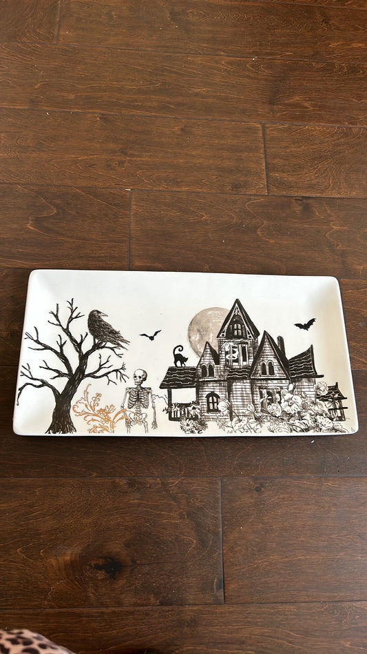 Potters Studio Halloween Serving Platter Ceramic Haunted House Skeleton Cat Crow