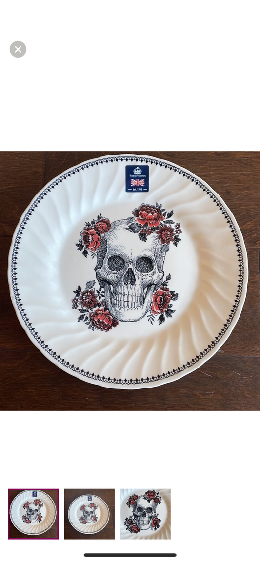 4 Royal Wessex Halloween Sugar Skull Red Rose Dinner Plate Set Day of the dead